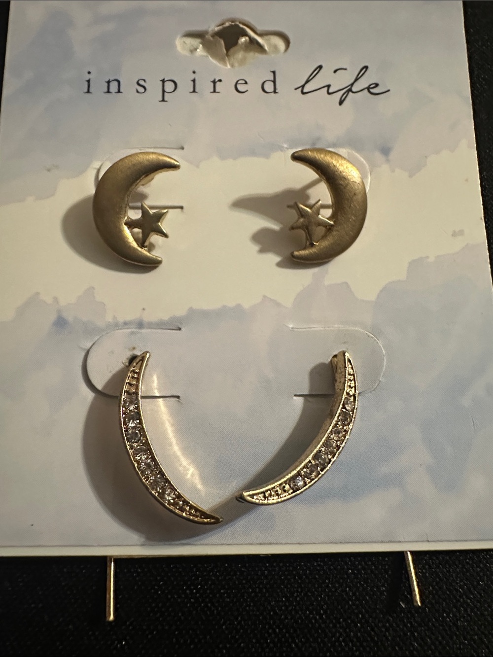 Moon & Star Gold Tone Earring Set - Crescent Studs with Rhinestone Detail
#63
